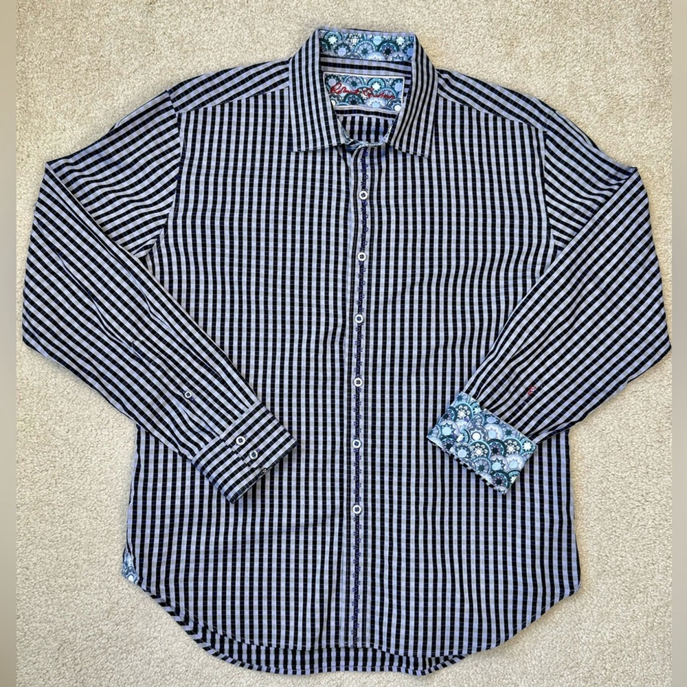 Robert Graham Shirt Button Up Flip Cuff Purple Gingham Embroidered Size XL Slim